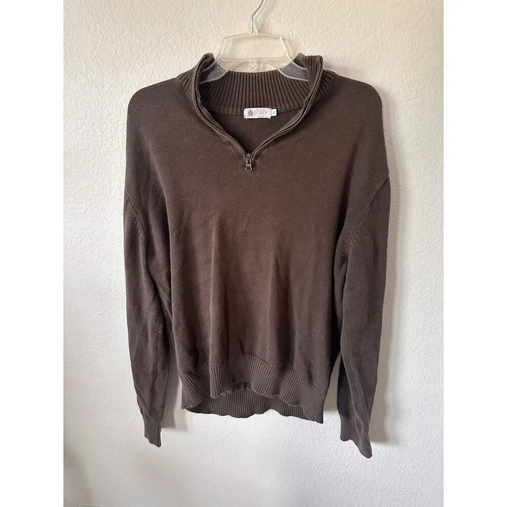 J Crew Men's XL Quarter Zip Sweater Brown Mock Neck Cotton Knit Pullover Cozy